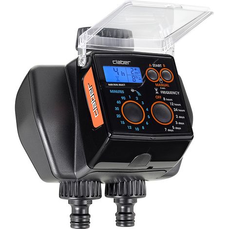 Claber – Programmateur arrosage automatique 2 voies – Alimentation 2 piles AA – Pression 0.5 à 10 bar – Écran LCD rétro-éclairé (1/4)