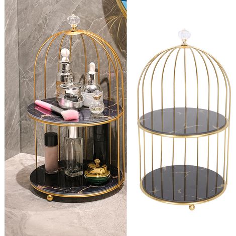 Table de toilette double plateau dorée, étagère de rangement type cage à oiseaux, fond noir à motifs dorés (1/5)