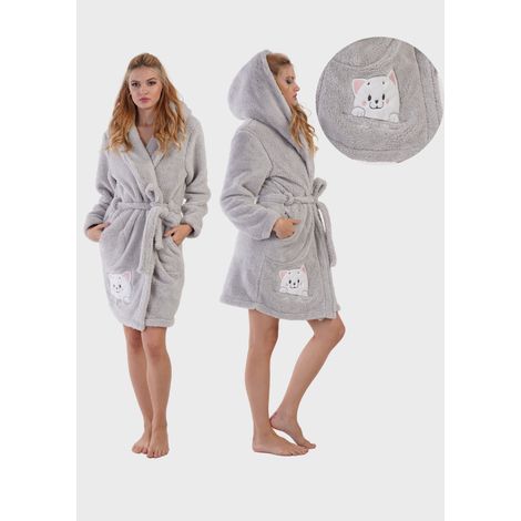 Accappatoio da donna, spesso, corto, con cappuccio morbido, taglia L, con lacci, comodo (1/5)