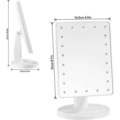 NALOOKAMIC Miroir de maquillage, miroir de table, miroir de voyage et miroir de coiffeuse avec 22 LED et écran tactile, grossissement 10x, rotation à 180°.