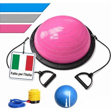 Relaxdays Mezza palla 58 cm magenta con bande elastiche e pompa, anti-scoppio, 150 kg per yoga/pilates/fitness (1/5)