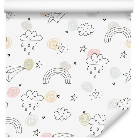 Papel pintado de nubes, estrellas, corazones y arcoíris para salón y dormitorio, 50x1000 cm. (1/5)