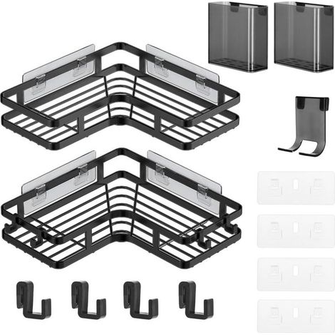 2 étagères de douche sans perçage, étagère d'angle noire pour salle de bain avec seau à dentifrice et porte-rasoir, étagère de rangement épaisse antirouille pour salle de bain, cuisine et balcon (1/4)