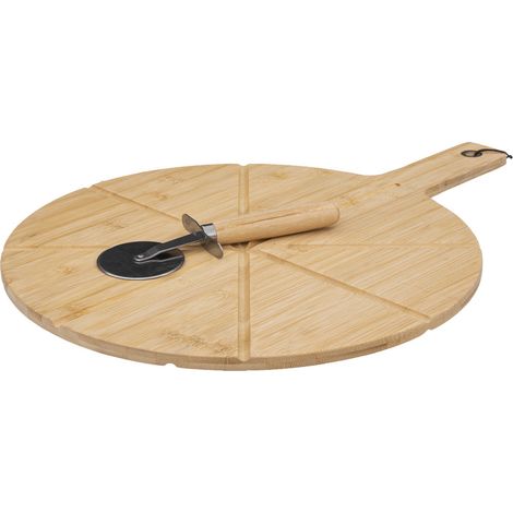 Planche à découper pour pizza en bambou de 37 cm avec roulette et coupe-pizza intégrée - 5five (1/6)
