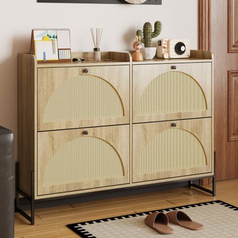 Meuble à chaussures basculant à quatre niveaux : Étagères réglables, profil fin, compartiments de rangement à abattant — Mobilier pour entrée et couloir. (1/4)