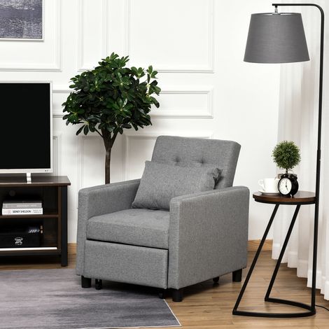 Sofá Cama de 1 Plaza Tapizado en Lino con Respaldo Ajustable de 3 Niveles y Almohada Acolchada 69x82,5x84 cm Gris (1/5)