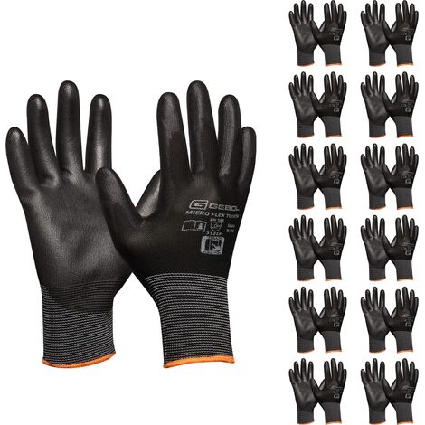 Gebol Micro Flex Touch Set di 12 guanti da lavoro con funzione touch, guanti protettivi leggeri con sensazione, da donna e da uomo, taglia XL (Gr 10), colore nero, confezione da 12 paia (1/3)