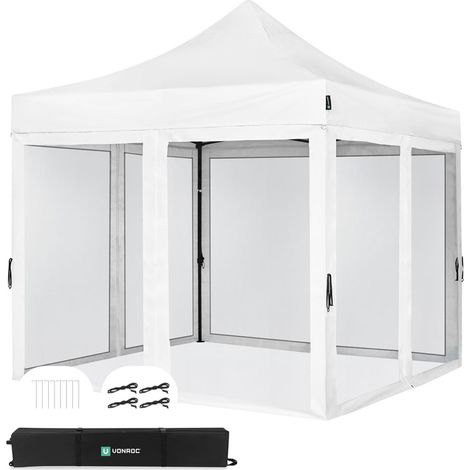 VONROC Faltpavillon 3x3 m – Set inkl. Moskitonetz-Seitenwände – Modulares Design – Faltbar – Wasserdicht – Stahlrahmen – UV-Schutz 50+ – Inkl. Tragetasche – Weiß