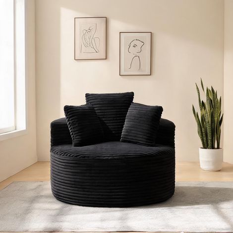 Fauteuil club rond 110 cm en velours côtelé noir coloris noir (1/5)