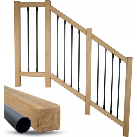 Garde-corps escalier bois chêne massif avec tubes noirs, rambarde intérieure, montage facile