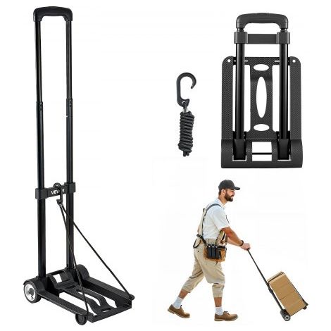 Carretilla de Mano Plegable, Carrito de Equipaje Plegable con 2 Ruedas y 1 Cuerda Elástica Carrito de Plataforma Utilitario Carga de 49,9 kg para Equipaje de Viaje, Aeropuerto, Mudanza, Negro (1/5)