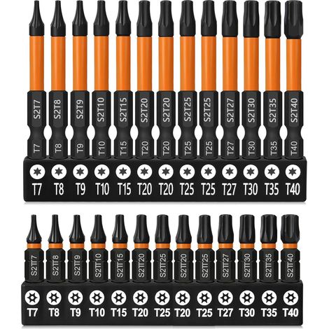 Jeu de Embouts Tournevis Torx, 26 pcs Tournevis Magnétiques en Acier, 13pcs 25mm+13pcs 50mm Jeu D'embouts en Étoile pour Tournevis, Perceuse à Percussion (1/5)