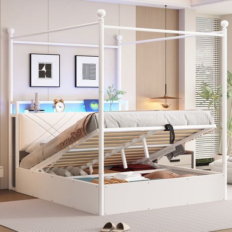 Himmelbett 140x190 cm Weiß aus Metall mit Stauraum, LED, USB/Type-C und abnehmbarem Baldachin (1/5)