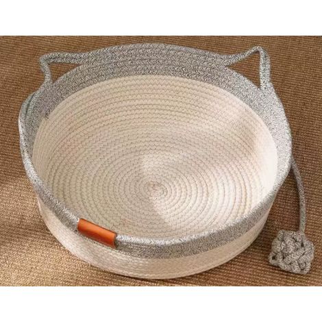 Panier pour chat en corde tressée, couchage amélioré avec queue en peluche, design semi-fermé, coussin rond en coton, gris, pour tous les chats