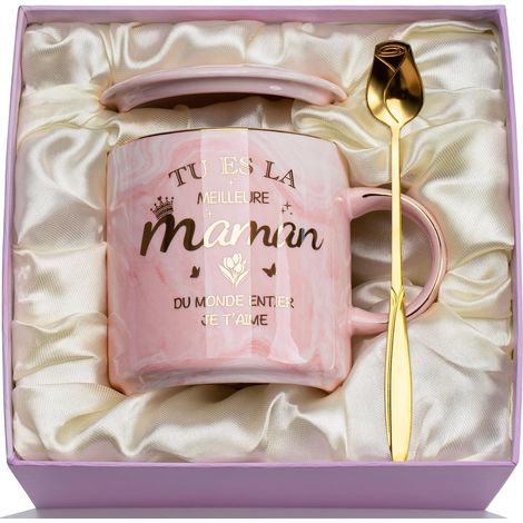 Cadeau Fete des Meres Cadeau Maman Mug, Cadeau Anniversaire Maman 14oz Marbrée Céramique, 'Tu Es La Meilleure Maman Du Monde Entier, Je T'aime' - Mug Cadeaux Maman, avec Boîte Exquise, Cuillère (1/5)