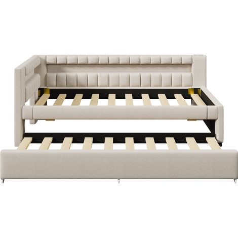 Cama diván 90 x 200 cm con cama nido, LED, USB y Type-C, tela beige - MODENUIT (1/5)
