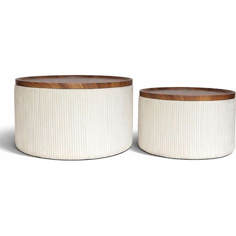 Set 2 Pouf Contenitore Rotondi in Velluto con Coperchio in Legno, Tavolino da Salotto Moderno, Pouf Contenitore Multiuso, Pouf Poggiapiedi, Tavolino Contenitore Salvaspazio Beige