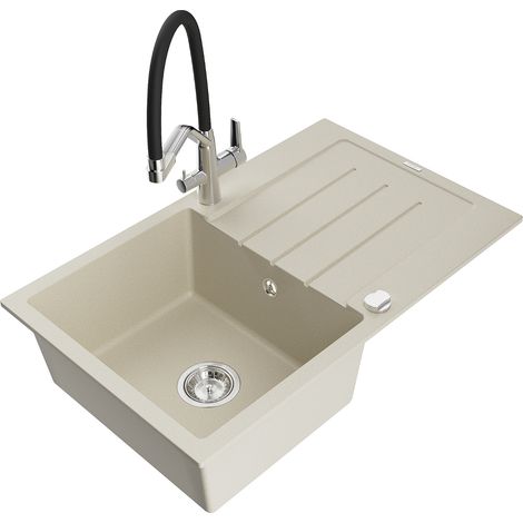 Mexen Bruno 1 Becken-Granitspüle mit Abtropffläche und Mischbatterie Duo, Beige - 6513-69-671701-07