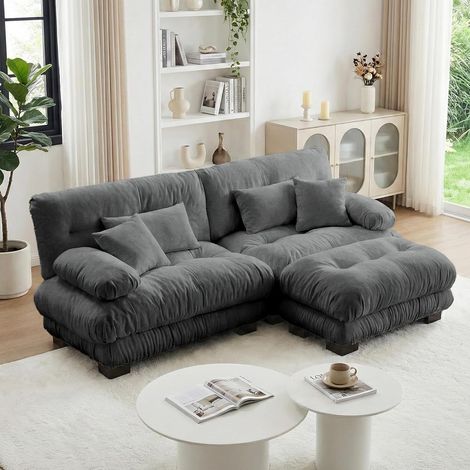 Canapé d'angle Cloud pour salon, canapé deux places en chenille grise avec 2 coussins lombaires et 2 coussins décoratifs, (1/5)