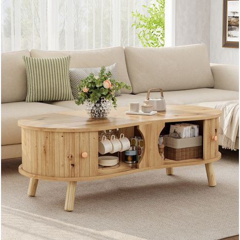 Tavolino da caffè in MDF effetto legno naturale 108 cm, forma organica con 2 ante scorrevoli (1/5)