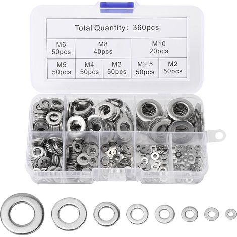 360 Pièces Rondelles Metal Rondelles Inox, Rondelles Plates en Acier Inoxydable avec Boîte de Rangement, Rondelles pour Vis, écrous et Tiges Filetées (M2, M2,5, M3, M4, M5, M6, M8, M10) (1/5)