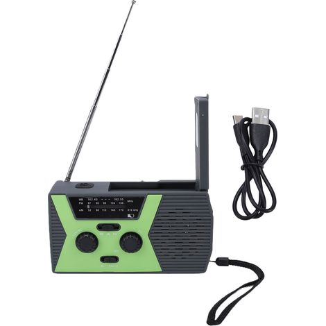 Radio d'urgence solaire à manivelle, météo Portable auto-alimentée NOAA AM FM WB, chargeur de téléphone 2000mAH avec lumière LED vert (1/5)