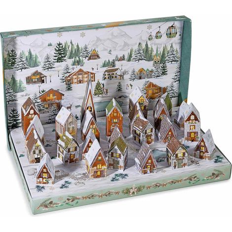 Calendari dell'Avvento in carta con 24 casette da riempire stampa paesaggio innevato, con scatola, set da 3 pezzi