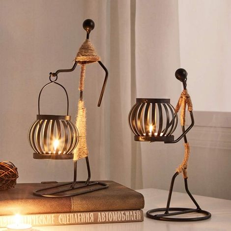 Lot de 2 bougeoirs de table, bougeoirs rétro en fer noir pour bougies chauffe-plat, support vintage en forme de petite fille avec motif en corde de chanvre (B)