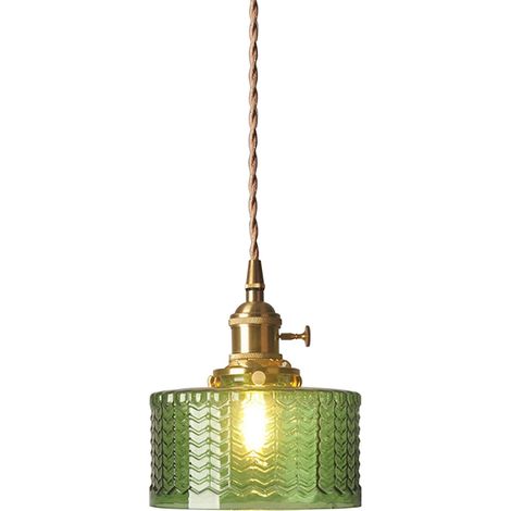 Lampe suspendue en laiton avec abat-jour en verre à rayures verticales, interrupteur rotatif et cordon tressé doré (verte)