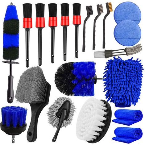20-teiliges Set inklusive Felgenbürsten, Auspuffschwämmen, Polierbürsten für Bohrmaschinen und Autoreinigungsbürsten. (1/3)