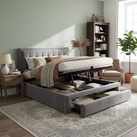 Bett im europäischen Stil aus Samt Grau 140x200 cm mit verstellbarem Kopfteil, Lattenrost und Stauraum (1/5)
