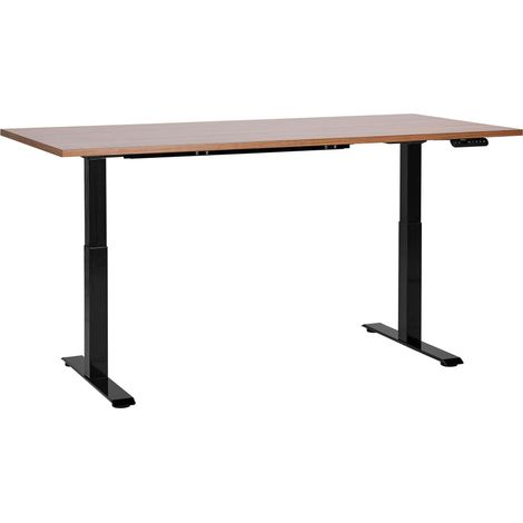 Bureau Électrique Hauteur Réglable Design Moderne Pieds Carrés 160 x 72 cm Plateau Bois Foncé et Cadre Acier Noir DESTINES