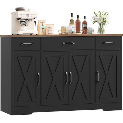 Sideboard 140×81×38,6 cm Küchenschrank Buffetschrank Aufbewahrungsschrank 3 Schubladen 4 Türen verstellbare Einlegeböden Küchenbuffet Wohnzimmerschrank Esszimmerschrank Schwarz