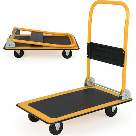 Chariot plateforme pliable noir à 4 roues avec poignée rabattable et plateau en vinyle pour maison bureau et usine