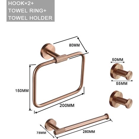 Ensemble de 4 accessoires en or rose brossé : porte-brosse de toilette, porte-papier toilette, barre porte-serviettes, crochet de suspension, porte-savon. (1/5)