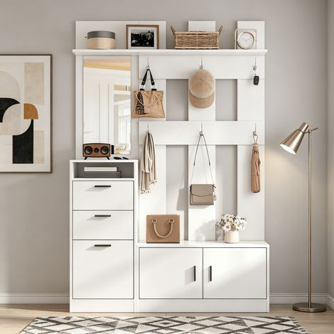 Meuble d'entrée multifonctionnel avec miroir – Rangement chaussures incliné – Porte‑manteaux et étagères – Structure MDF robuste – 120×30×180 cm – Blanc (1/5)