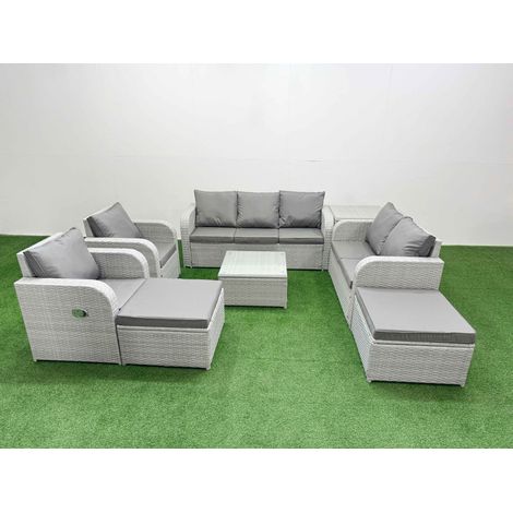 Fimous PE Rattan Garden Furniture Set Adjustable Chair Sofa Double Love Seat 2 Seater Sofa Lounge Set Square Coffee Table 2 Big Footstool Side Table Light Grey (1/4)