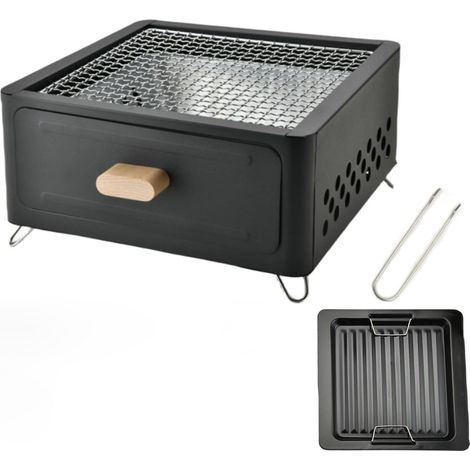Barbecue au charbon portable forme carrée type brasero, couleur noir encre, bac à charbon coulissant en version standard fourni avec plaque à frire (1/5)