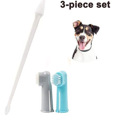 Kit de brosses à dents pour chien : 1 brosse à dents à double tête avec manche long + 2 brosses à dents pour doigt pour chiens (soins dentaires). (1/4)