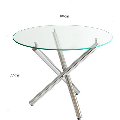 Table ronde en verre trempé 80x80x76cm, piètement métal, design minimaliste, pour salon ou salle à manger, plateau transparent résistant et élégant (1/5)