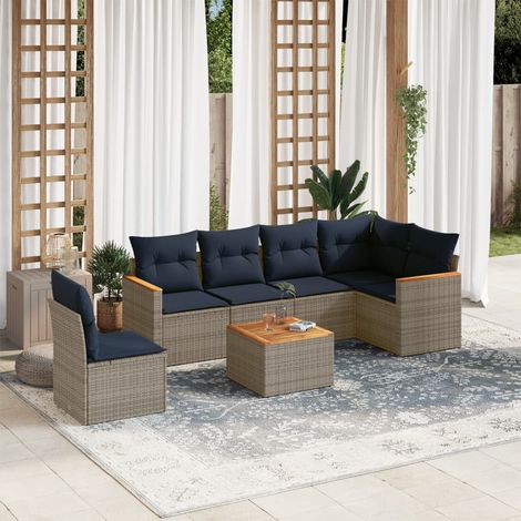 7-teiliges Gartensofa-Set mit Kissen, grau, Polyrattan