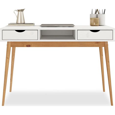 Idimex – Bureau droit en pin massif lasuré blanc/chêne – 2 tiroirs et 1 niche intégrée – Dimensions optimisées pour espace de travail – Design élégant (1/4)