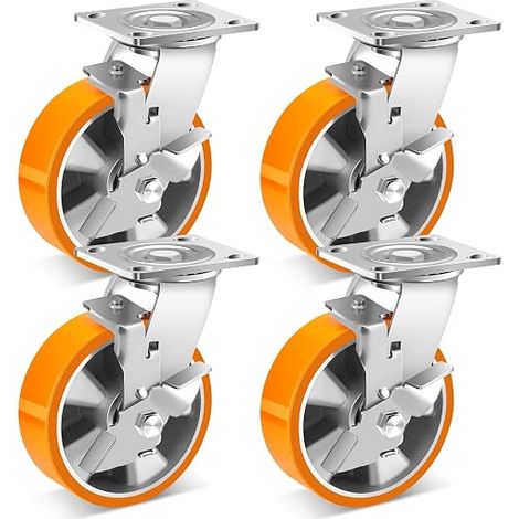 Heavy Load Caster 150mm Up to 2300kg Durable Solid PU Casters with Brake, Aluminum Core Swivel Casters for Industry, Furniture, Workbench Set of 4 (1/5)