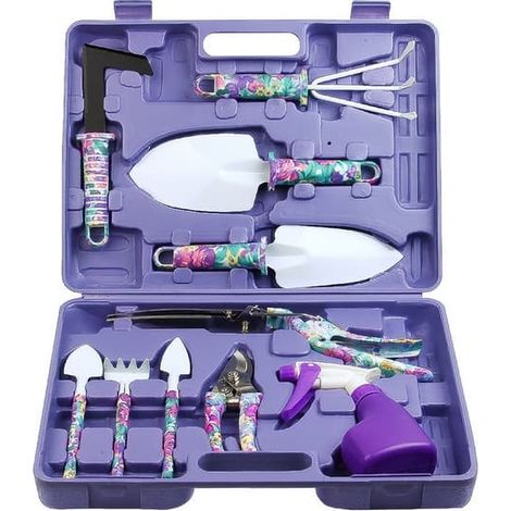 Ensemble de 10 outils de jardin avec poignées ergonomiques, pelle, râteau, désherbeur, sécateur, coupe-bordures et pulvérisateur. (1/5)