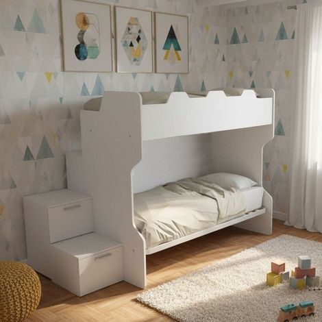 Letto a castello salvaspazio con scala a cassettoni e camminatoio - Bianco