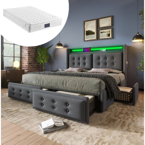 DESVIAE Lit coffre 160 x 200 avec tête de lit LED ports USB et USB C 4 tiroirs rangement sommier à lattes matelas ressorts ensachés 720 gris coton lin métal bois (1/5)