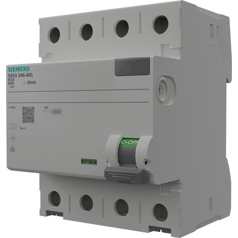 Siemens Interruptor diferencial, 4 polos, Tipo A, In: 63 A, 30 mA, Un AC: 400 V, N a la izquierda, 5SV33466KL
