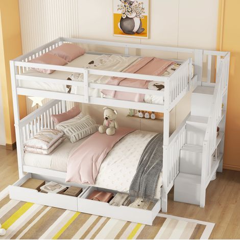 Etagenbett 140/200 cm weiß aus Kiefer und MDF mit Trepperegal und 2 Schubladen (1/5)