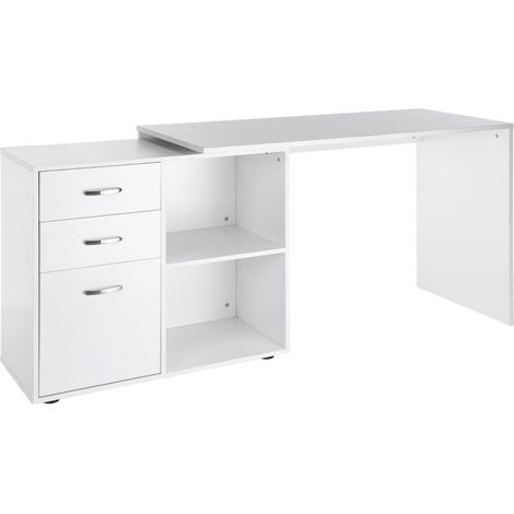 Bureau d'angle bureau droit modulable table de salle à manger 2 en 1 bureau informatique tiroirs x 3 + 2 niches MDF blanc