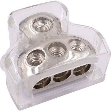 3-Way Power Distribution Block, 1 x 0-gauge input / 3 x 4-gauge output. Amplifier Power Distribution, Ground Distributor, Car Radio Connection Block/Splitter + Distributor (1/4)